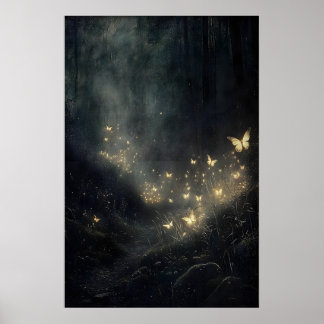 Moodfull skog med lysande eldflugor och fjärilar t poster