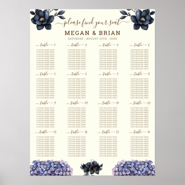 Moodfull svart blomsterklassisk sittplatskarta för poster (Framsidan)