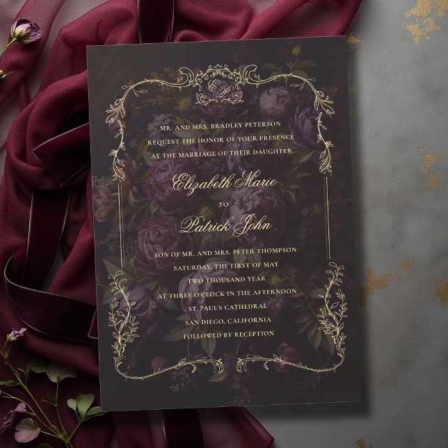 Moodfull Viktoriansk Botanisk Vapen Romantisk Bröl Inbjudningar (moody wedding invitation victorian botanical crest frame dark gothic romance whimsigoth gold)