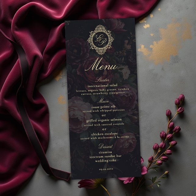 Moodfull Viktoriansk Mörk Bröllopskam Meny (dark moody wedding menu victorian vintage gold crest monograms peony romantic gothic)