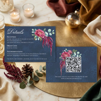 Moodfulla Blommiga Djupblå QR-kod Bröllopsdetaljer Tilläggskort
