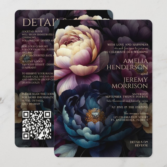 Moodfulla färgglada blommor med QR-kod Inbjudningar (Fram/baksida)