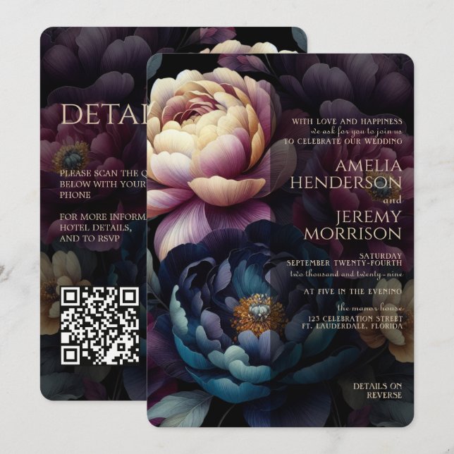 Moodfulla färgglada blommor med QR-kod Inbjudningar (Fram/baksida)