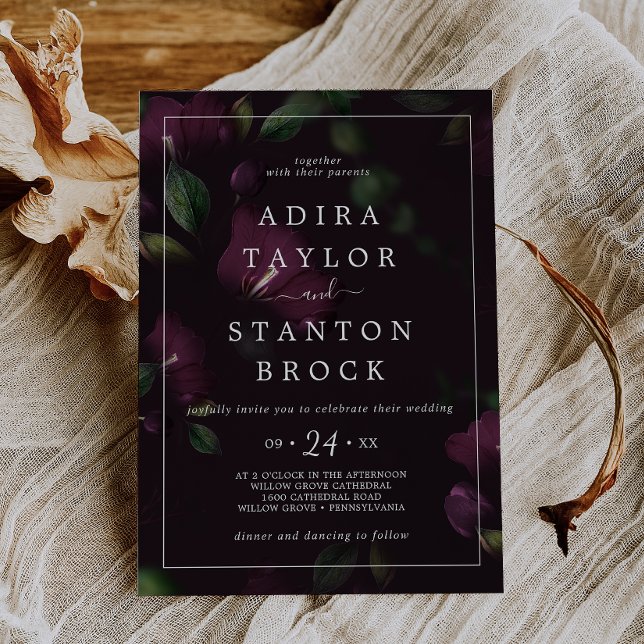 Moodfulla lila blomster | Svart mönster bröllop Inbjudningar (Moody Purple Blooms | Black Pattern Wedding Invitation)