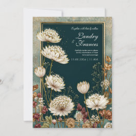 Moodfulla marinblå förgyllda astrantia bröllop inbjudningar