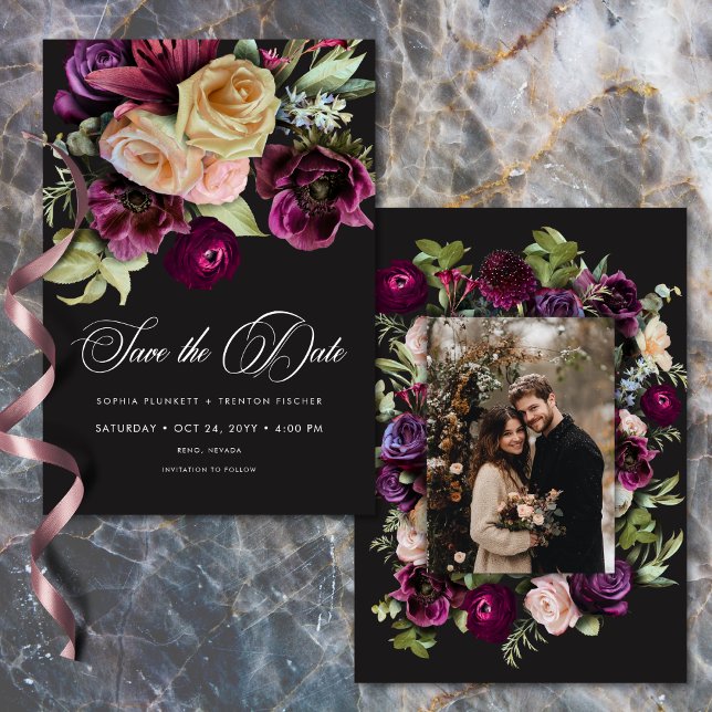 Moodfulla Mörka Blommiga Svarta Burgunder Romantis Spara Datumet (Moody Dark Floral Black Burgundy Romantic Photo Wedding Save The Date)