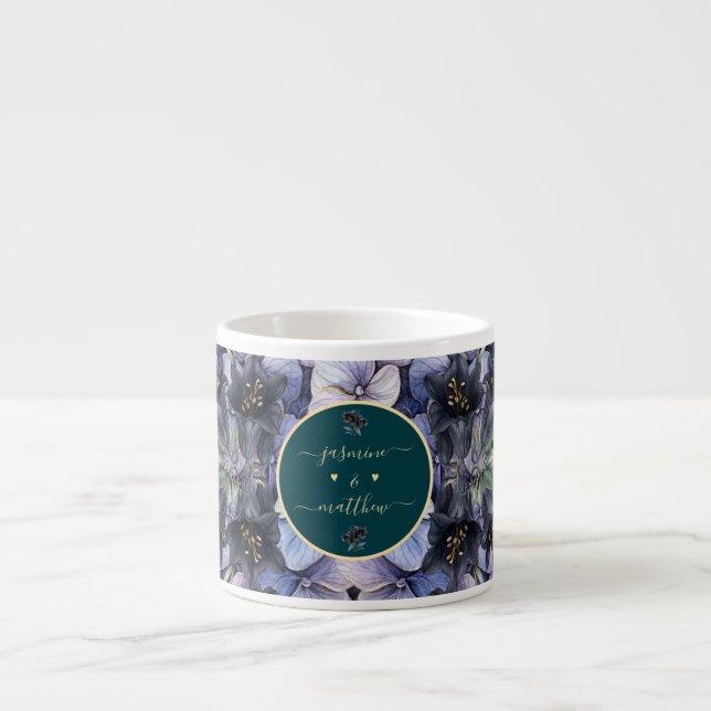 Moodfulla svarta blommiga klassiska parnamn Bröllo Espressomugg (Framsidan)