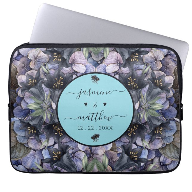Moodfulla svarta blomstermönster klassiska parnamn laptop fodral (Framsidan)