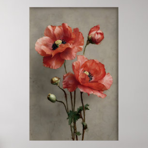Moodfulla vallmoblommor blommtryck, Vintage Mörk A Poster