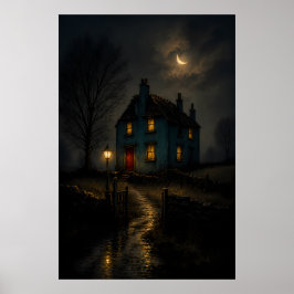 Moodfullt gotiskt stugnattslandskapsaffisch poster