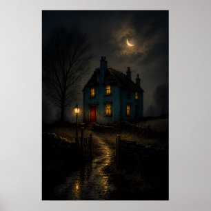 Moodfullt gotiskt stugnattslandskapsaffisch poster