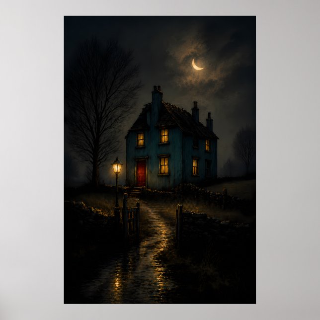 Moodfullt gotiskt stugnattslandskapsaffisch poster (Framsidan)