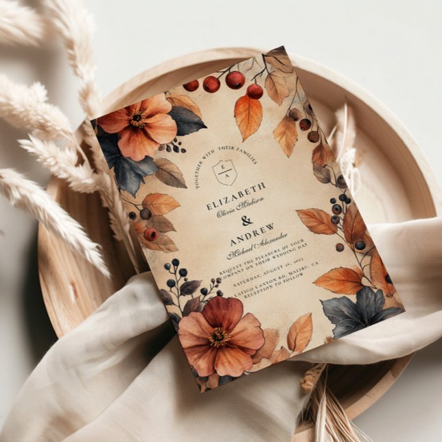 Moodfullt höstblommigt bröllop i vintage-stil inbjudningar (Skapare uppladdad)