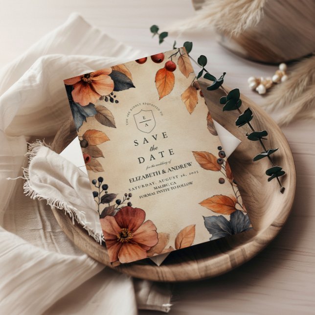 Moodfullt höstblommigt bröllop i vintage-stil spara datumet (Skapare uppladdad)