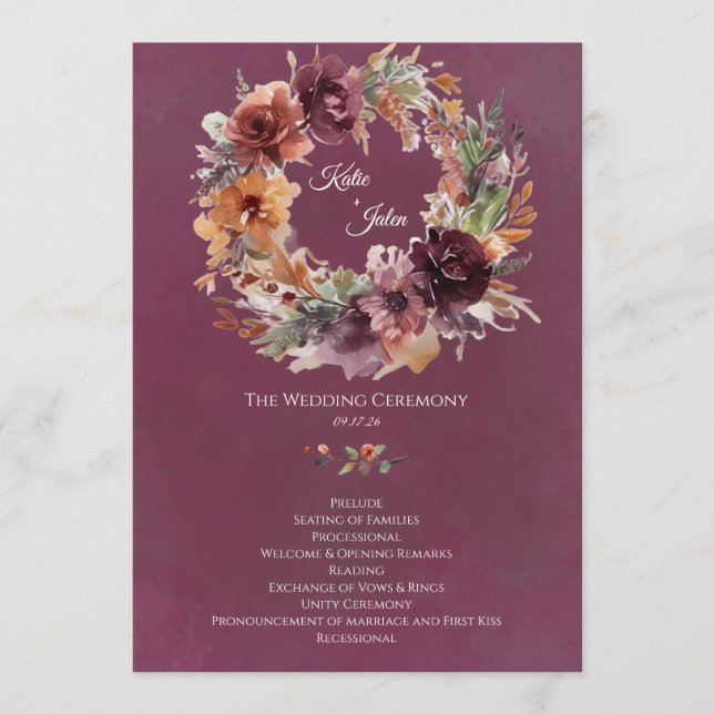 Moodfullt höstblommigt bröllopsprogram program (Framsida)