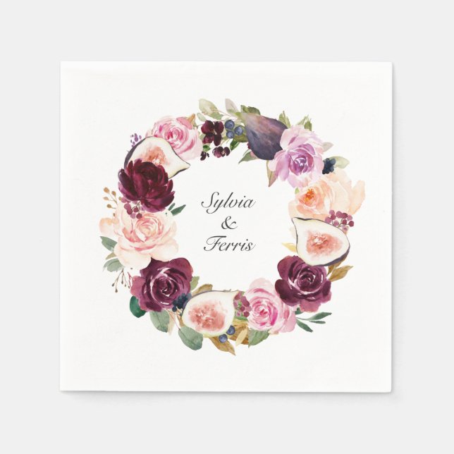 Moodfullt lila blomster- och fikonkran Namn Bröllo Pappersservett (Framsidan)
