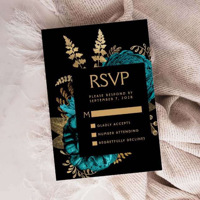 Moodfullt Mörkt Blommigt Turkos Guld Bröllops RSVP Tilläggskort (Skapare uppladdad)