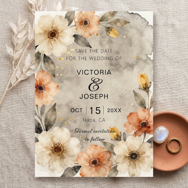 Moodfullt Sepia Boho Vattenfärg Blommig Guld Bröll Spara Datumet (Skapare uppladdad)