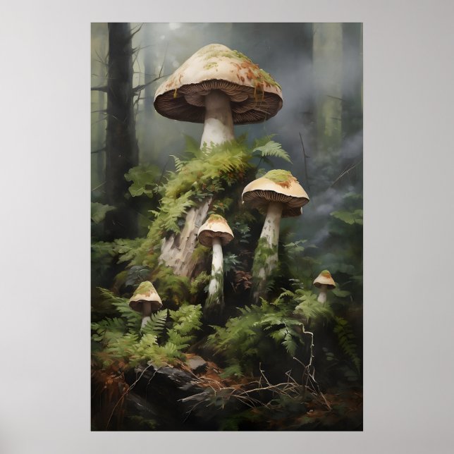 Moodfullt Skogs Svamp tryck, Botanisk Mörk Poster (Framsidan)