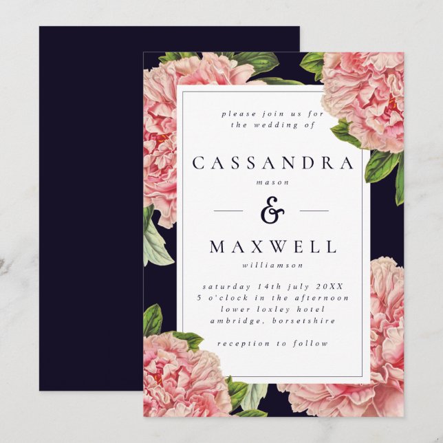 Moodfullt Vintage Marinblått & Rosa Peony Bröllop Inbjudningar (Fram/baksida)