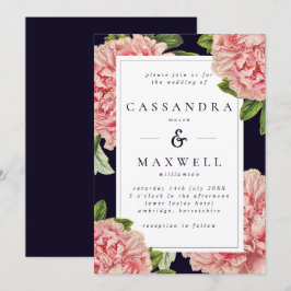 Moodfullt Vintage Marinblått & Rosa Peony Bröllop Inbjudningar