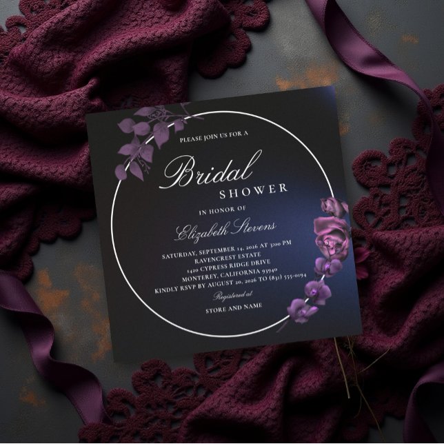 Moodfylld Mörk Marinblå Lila Romantisk Bröllopsdus Inbjudningar (moody dark bridal shower invitation purple orchids elegant modern classic romantic gothic academia)