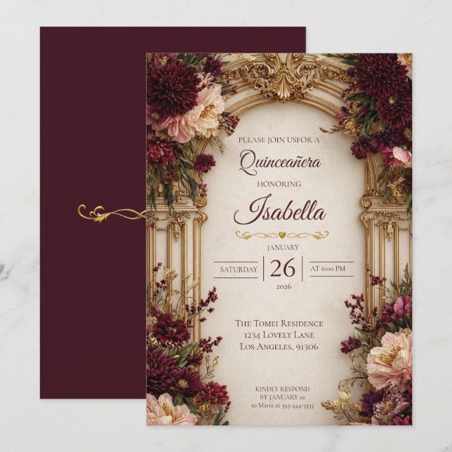 Moodig Blommig Gotisk Quinceanera Inbjudan (Fram/baksida)