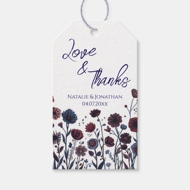 Moodig Burgundy & Blå Blommig Bröllop Tack  Presentetikett (Framsidan)