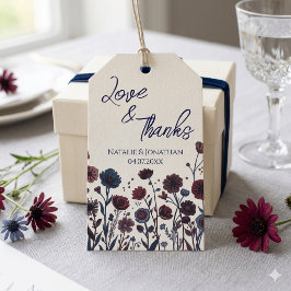Moodig Burgundy & Blå Blommig Bröllop Tack Presentetikett