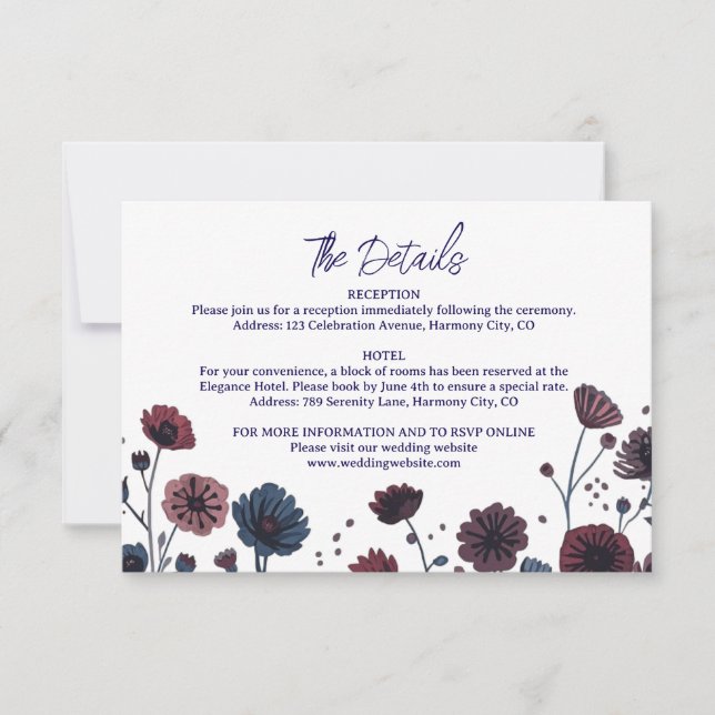 Moodig Burgundy & Blå Blomsterdetaljer Inneslutnin OSA Kort (Framsida)