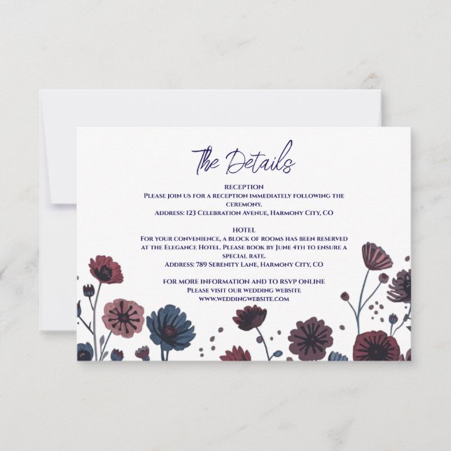 Moodig Burgundy & Blå Blomsterdetaljer Inneslutnin OSA Kort (Framsida)