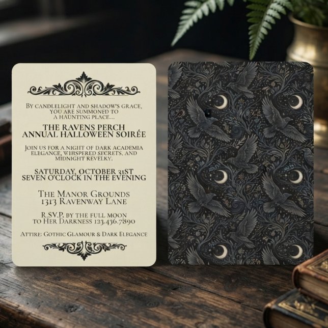 Moodig gotisk obsidian botanisk korp fest inbjudningar (Moody obsidian botanical raven paper invitation for a Halloween party celebration.)