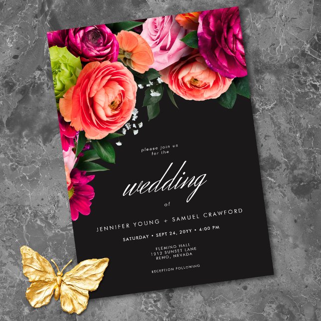Moodig Lyx Blommig Vibrerande Rosa Svart Bröllop Inbjudningar (Moody Luxe Floral Vibrant Pink Black Wedding Invitation)