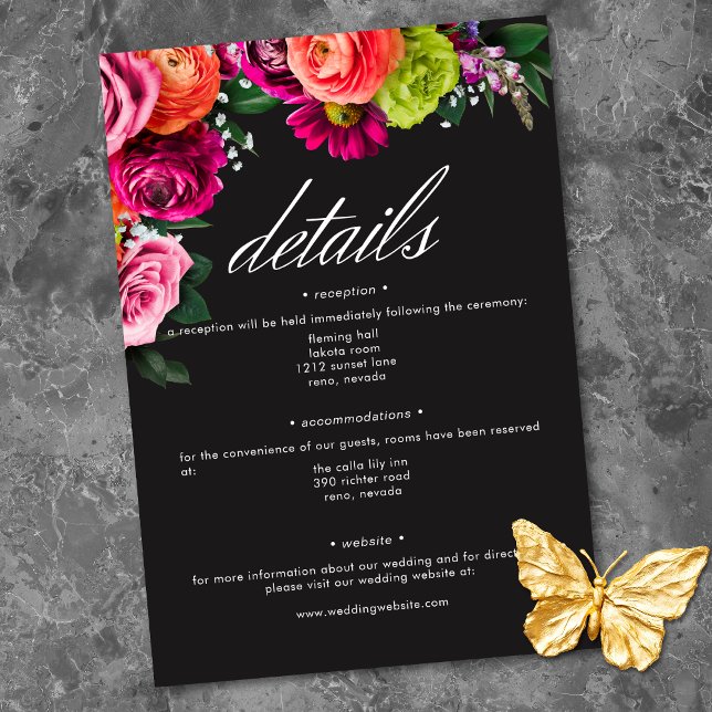 Moodig Lyx Blommig Vibrerande Rosa Svart Bröllop Tilläggskort (Moody Luxe Floral Vibrant Pink Black Wedding Enclosure Card)