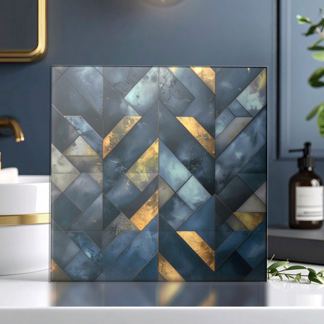 Moodig Modern Mosaik Mörkblå Guld ID1185 Kakelplatta (Skapare uppladdad)