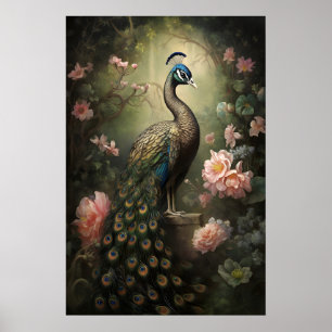 Moodig Påfågel Botanisk Print, Mörk Akademi Vägg Poster