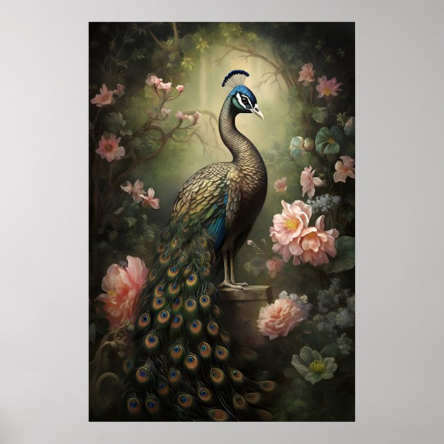 Moodig Påfågel Botanisk Print, Mörk Akademi Vägg Poster (Framsidan)