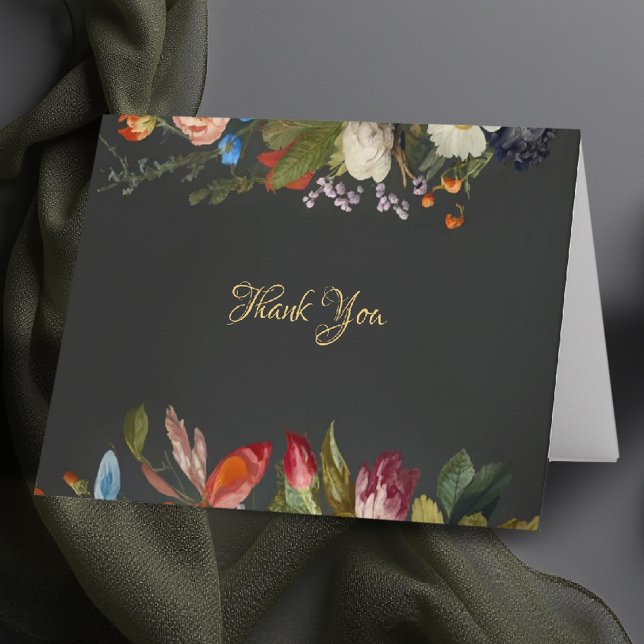 Moodig Romantisk Gotisk Mörk Blommig Bröllop Tack Kort (moody wedding folded thank you card dark romantic gothic elegant modern classic floral oil painting)