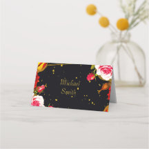 Moodig svart blomster- guld folie bröllopsplatskor
