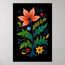 Moodig Svart Boho Blommig Träd Folklig Konst Poster