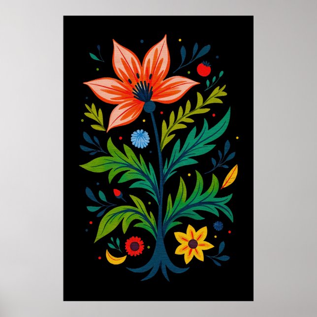 Moodig Svart Boho Blommig Träd Folklig Konst Poster (Framsidan)