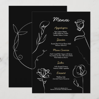 Moodig svart handritad blomsterlegant bröllop meny