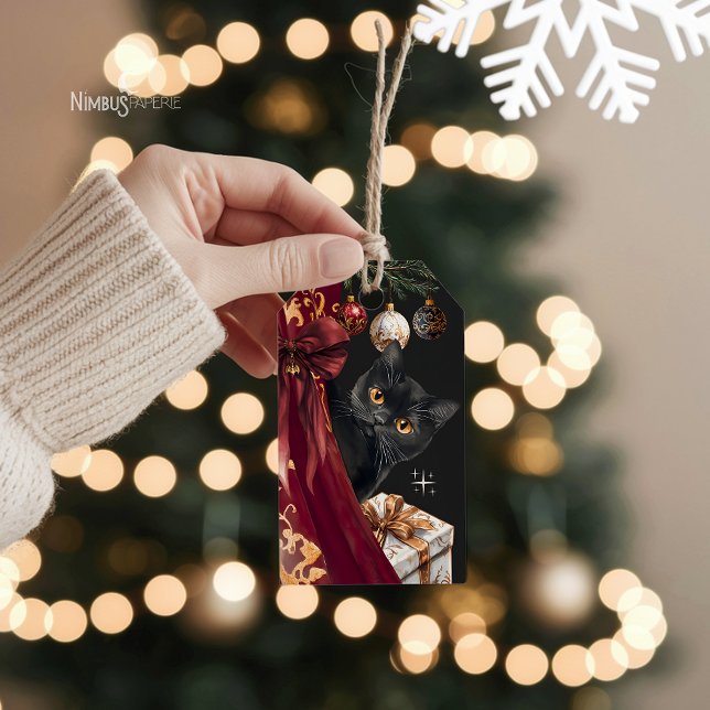 Moodig svart katt Elegant julpresentkort Presentetikett (Skapare uppladdad)