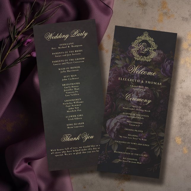 Moodig viktoriansk spetskrön dark bröllopsprogram (moody wedding program victorian antique lace crest dark burgundy purple peony floral gold)