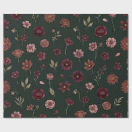 Moodig Vintage Burgundy Blommönster Mörkgrön Presentpapper