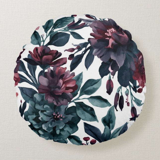 Moodiga akvatell botaniska blomsterblomningar rund kudde (Framsidan)