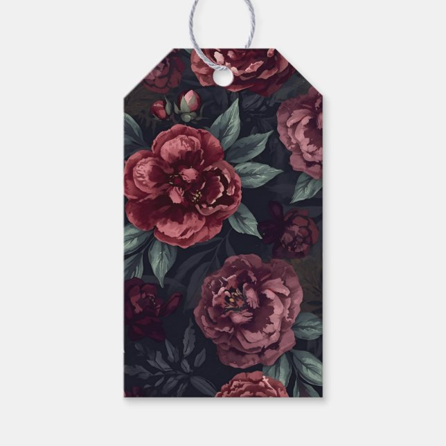 Moodiga blommor akvarell mörkröd mönster presentetikett (Framsidan)