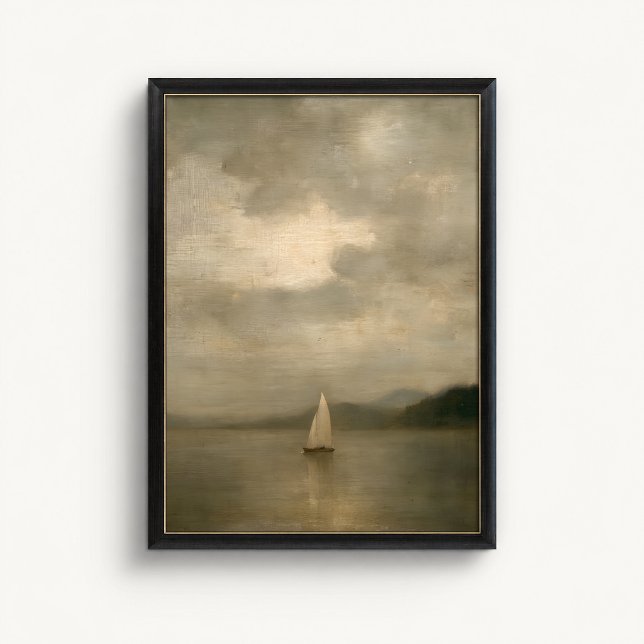 Moodigt segelbåt sjö väggkonst affisch (Moody Sailboat Lake Wall Art Poster - close-up view (frame/decor not included))