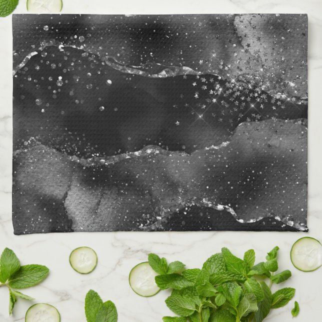 Moody agate | Onyx Black Silver Vampy Goth Glitter Kökshandduk (Vikta)