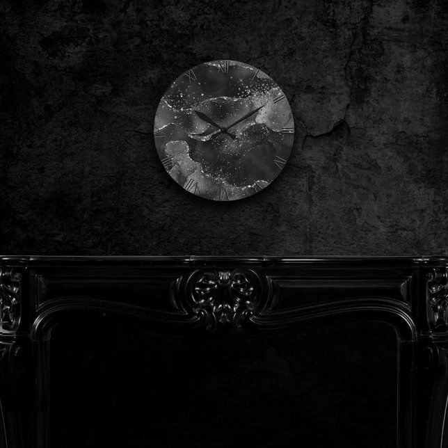 Moody agate | Onyx Black Silver Vampy Goth Glitter Rund Klocka (Skapare uppladdad)